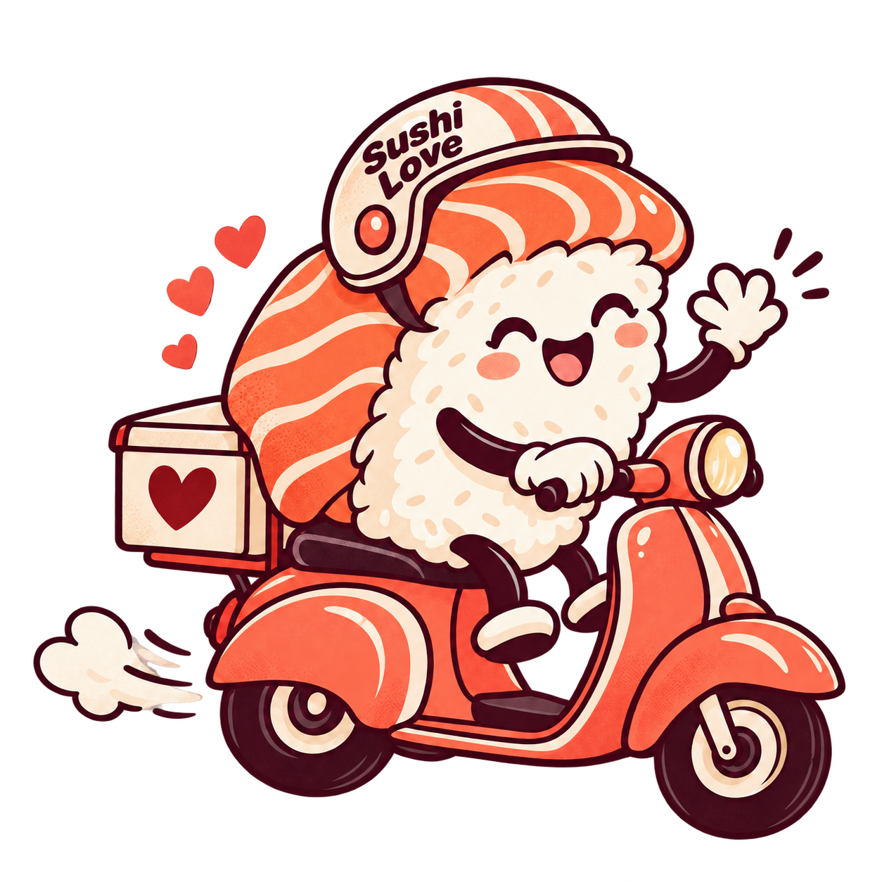 Unser Sushi-Love-Maskottchen liefert auf einem Roller, mit Sushi Love auf dem Helm